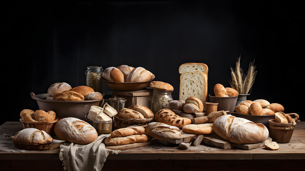 A spread of freshly baked Brio Bakehouse breads and loaves on a wooden table
